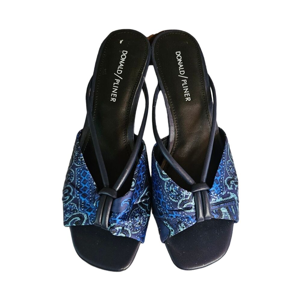 Donald Pliner Sandals Andra 7 Cork Wedge Wishbone Blue Paisley Slide